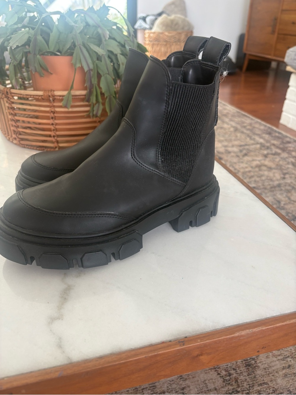 FARM Rio Black Chunky Lug Sole Chelsea Boots with Beaded Detail – Size 9 NEW